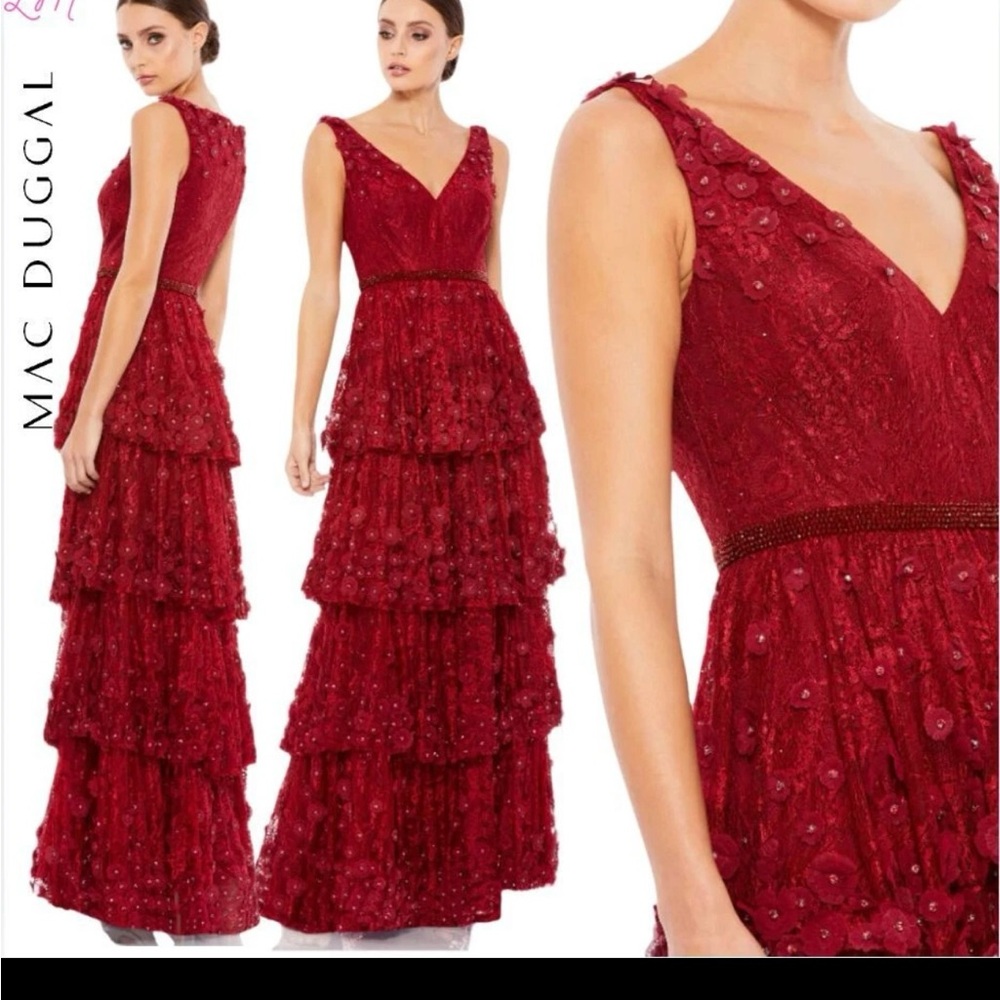 Mac Duggal Red Floral Lace Formal Dress